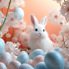 An adorable, whimsical illustration of a white Easter bunny in a cartoon style.