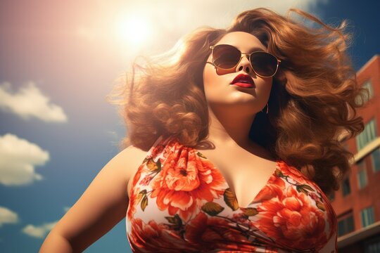 Plus size fat woman on sunny day close up photo