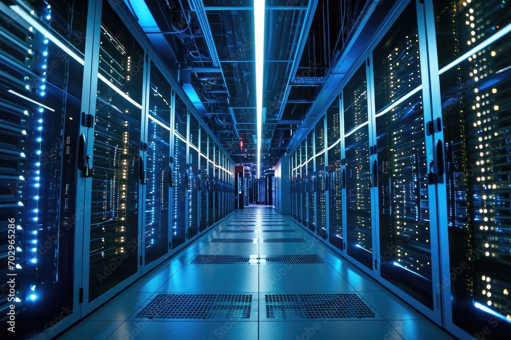 Poster in the dim light of night, a vast expanse of servers stands silent in an indoor hallway, their endle