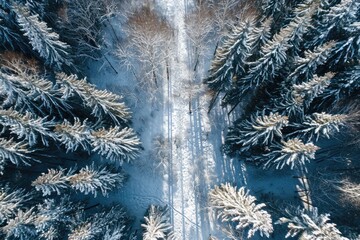 Frosty conifers stand tall in a winter wonderland, as a blanket of snow covers the frozen forest, creating a breathtaking aerial view of nature's icy beauty