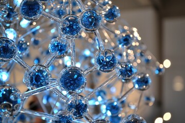 Mesmerizing blue hues illuminate an intricate molecular structure, captured in the stillness of an indoor setting