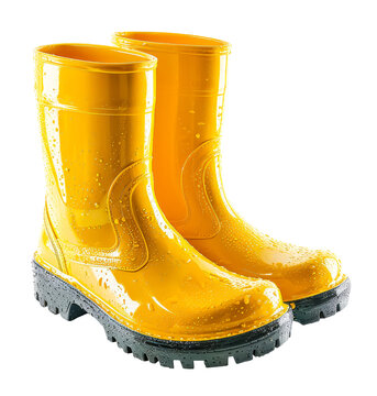 wet yellow rain waterproof rubber boots with water drops, isolated on a transparent background