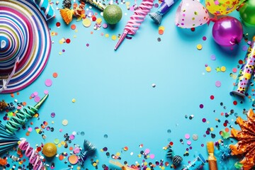 Vibrant celebration bursting with joy and creativity, featuring a lively blue backdrop adorned with festive confetti and party essentials