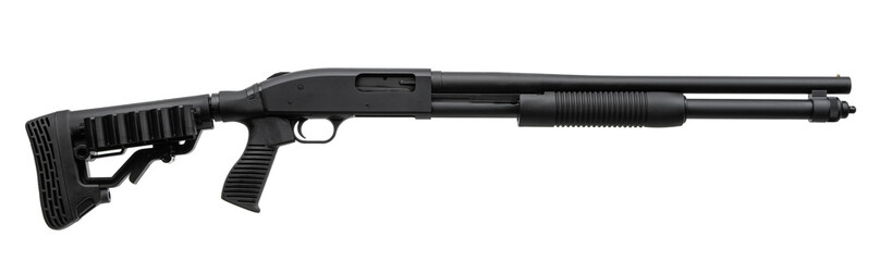 Pump-action 12 gauge shotgun isolated on a white background. Additional handle. A smooth-bore...