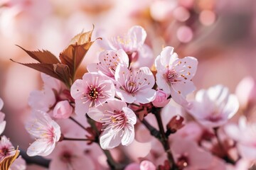 Obraz premium A delicate sakura blossom captures the essence of spring, with its vibrant pink petals blooming in the warm outdoor air