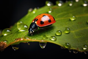 ladybug on green leaf with water drops isolated on black background, Ladybug and Leaf, AI Generated