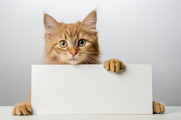 A cute cat holds an empty piece of paper in its paws, an ad, a white background