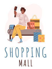 Happy woman sitting with shopping bags and takes a selfie on a bench in shopping mall, vector flat advertising poster