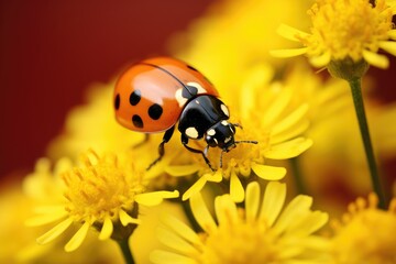 ladybug on yellow flower macro close up. beautiful nature background, ladybug on yellow flower, AI Generated