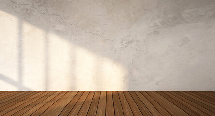 3d rendering of interior. Cement wall, Wooden floor and There was sunlight shining through the window into the room.