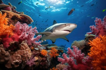 Fototapeta na wymiar Picture shows a Caribbean reef shark at the bottom of a tropical coral reef, photo of a beautiful shark behind is colorful coral taken, AI Generated