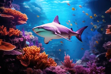 Shark swimming in a coral reef. Underwater world with corals, photo of a beautiful shark behind is...