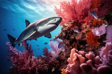 Underwater view of a reef shark swimming on a tropical coral reef, photo of a beautiful shark...
