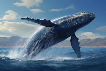 Fototapeta premium Humpback Whale in the ocean. 3D Rendering, photorealistic shot of a blue whale breaching the surface of the ocean, AI Generated