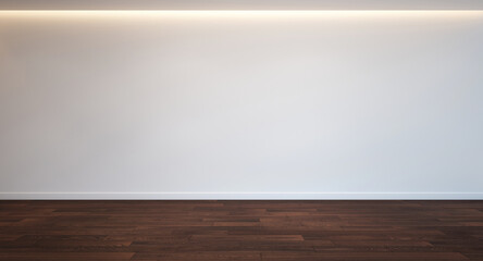3D rendering of the interior. White walls and hardwood floors with bright lighting. Simple design. Empty interior room.