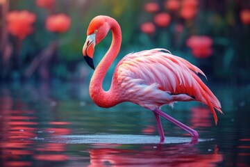 Greater flamingo in a pond. Wildlife scene from naturem, pink flamingo on the water, AI Generated