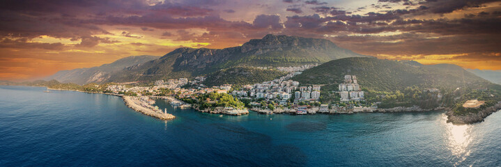 Panoramic view of the touristic Kaş district on the Mediterranean coast with its lush green...