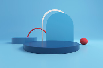 3D rendering of blue round podium in blue background. Abstract minimal scene for products showcase. Geometric forms. Product presentation, mock up, podium, stage pedestal, promotion display.