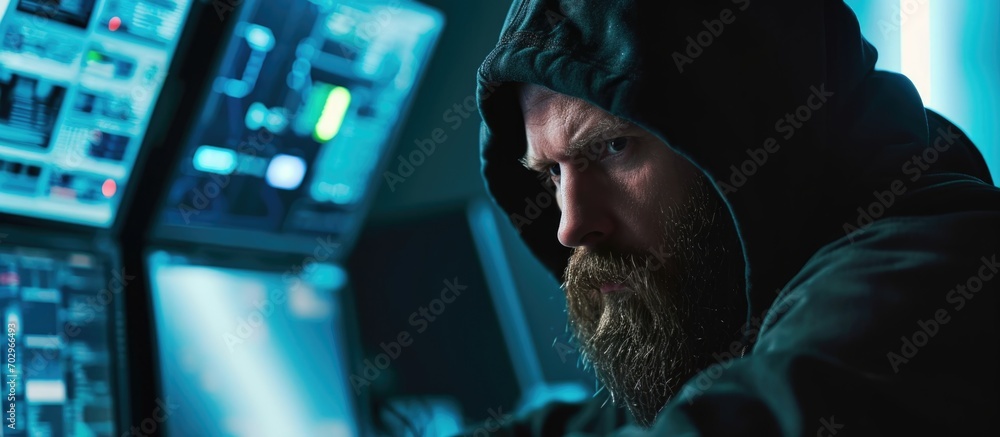 Poster bearded cyber-terrorist in hoodie in computer room with alarms and code-filled monitors.