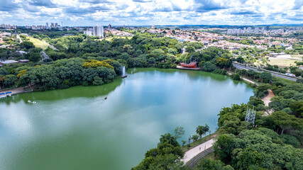 Aerial view of Taquaral park in Campinas, São Paulo. In the background, the neighborhood of Cambui.