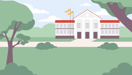Fototapeta premium Park or garden and white building, vector illustration in flat style.