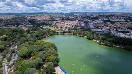 Aerial view of Taquaral park in Campinas, São Paulo. In the background, the neighborhood of Cambui.