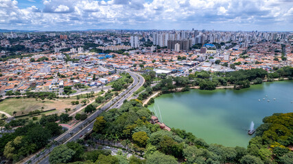 Fototapeta na wymiar Aerial view of Taquaral park in Campinas, São Paulo. In the background, the neighborhood of Cambui.