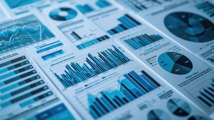 Close-up of various business analytics and metrics displayed in charts and graphs - obrazy, fototapety, plakaty