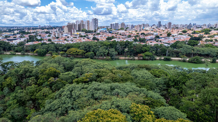 Aerial view of Taquaral park in Campinas, São Paulo. In the background, the neighborhood of Cambui.