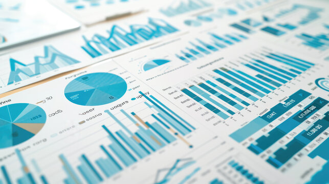Close-up of various business analytics and metrics displayed in charts and graphs