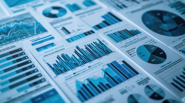 Close-up of various business analytics and metrics displayed in charts and graphs