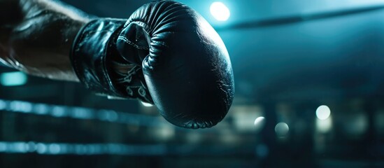 Gloves movement in a competitive arena with dark lighting for boxing or wrestling training in a gym.