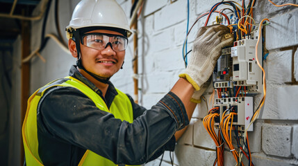 A professional electrician is smiling while working on a complex electrical panel