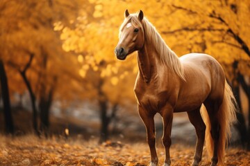 Horse in the autumn forest. Beautiful horse in the autumn forest, Portrait of Don breed horse in autumn, Russian golden horse, AI Generated