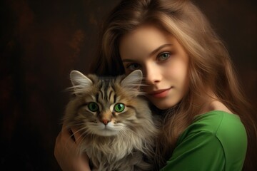 Portrait of a beautiful young woman with long hair and cat, Portrait of young woman holding cute siberian cat with green eyes, AI Generated