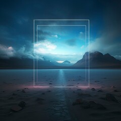 Surreal Landscape with Luminous Frame Over Tranquil Lake and Mountain Range