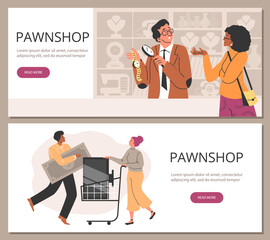 Pawn shop banners with customers purchasing pawned items, flat vector.