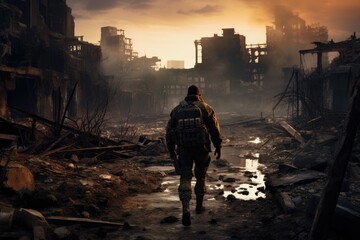 Silhouette of a soldier with a gun on a background of destroyed buildings, Lone soldier walking in a destroyed city, AI Generated - obrazy, fototapety, plakaty