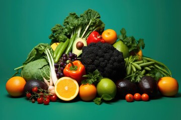 Vibrant Composition of Fresh Fruits and Vegetables on Colorful Backgrounds