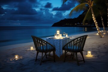 Romantic dinner on the beach at night, Koh Samui, Thailand, Luxury dinner beach view, AI Generated
