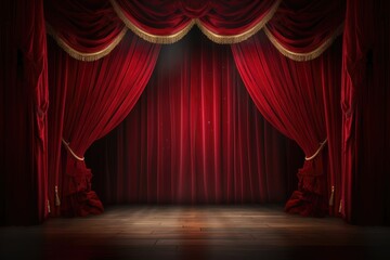 Red stage curtain with spotlights and wooden floor. Vector illustration, Magic theater stage red curtains Show Spotlight, AI Generated