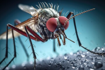 Close up of a mosquito with water drops on its body, 3d illustration, Microscopic image showcasing a mosquito, AI Generated