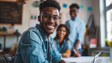 Young man with glasses in the foreground, smiling towards the camera, with coworkers in the background, in a meeting at office