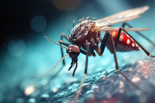 mosquito on the blue background. 3d illustration. macro, Microscopic image showcasing a mosquito, AI Generated