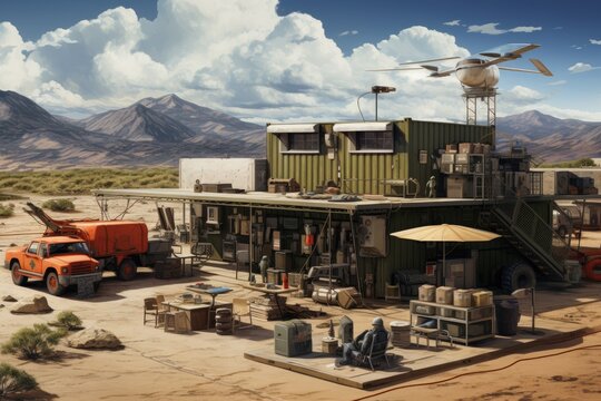 3D rendering of a military base in the desert with a helicopter, Mobile military base, where a soldier engineer transmits aerial pictures and data from a drone to artillery, AI Generated