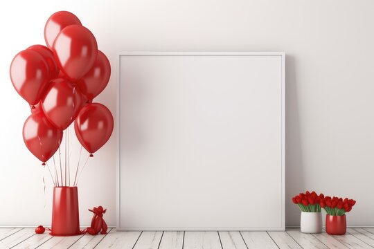 Mock up poster frame with red balloons in white room. 3d illustration, Mock-up poster in an interior background with red balloons, AI Generated