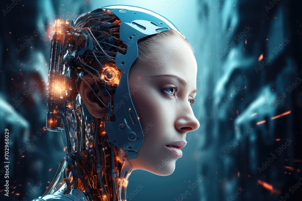 Poster 3d rendering of a female robot in a cyborg head on a dark background, modern ai robot in a close-up 