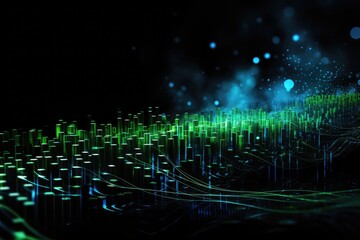 Abstract technology background with binary code. 3D illustration. Network concept, Modern technology wallpaper featuring blue and green binary sound waves on a black background, AI Generated
