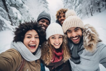 Fototapeta na wymiar Portrait of happy multiethnic friends in winter clothes looking at camera, Multiracial young happy group of friends having fun together on winter holidays, AI Generated