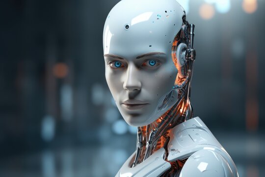 Cyborg woman in futuristic cyberspace. 3D rendering, Modern AI robot in a close-up view portrait against a digital background, AI Generated